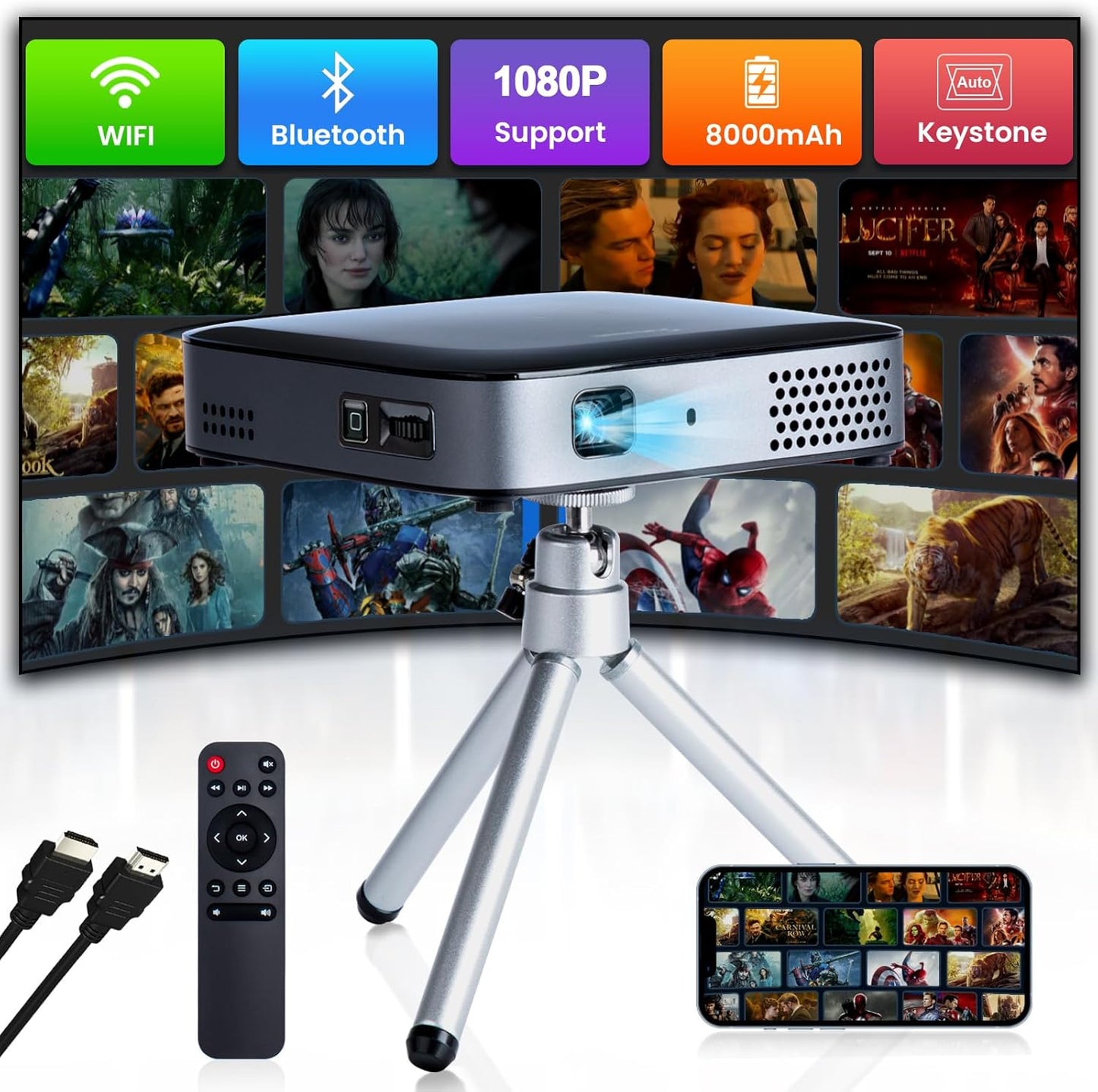 Portable Mini Projector: 3H Playtime, Wifi, Bluetooth, 1080P DLP, Built-in Battery