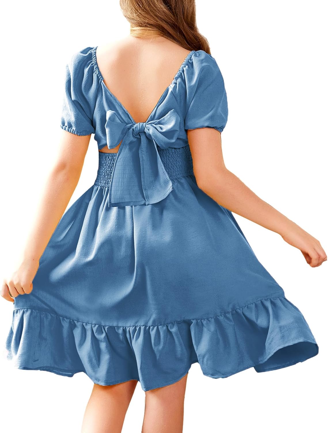 Arshiner Girls Tie Back Short Sleeve Ruffle Hem Dresses 4-12