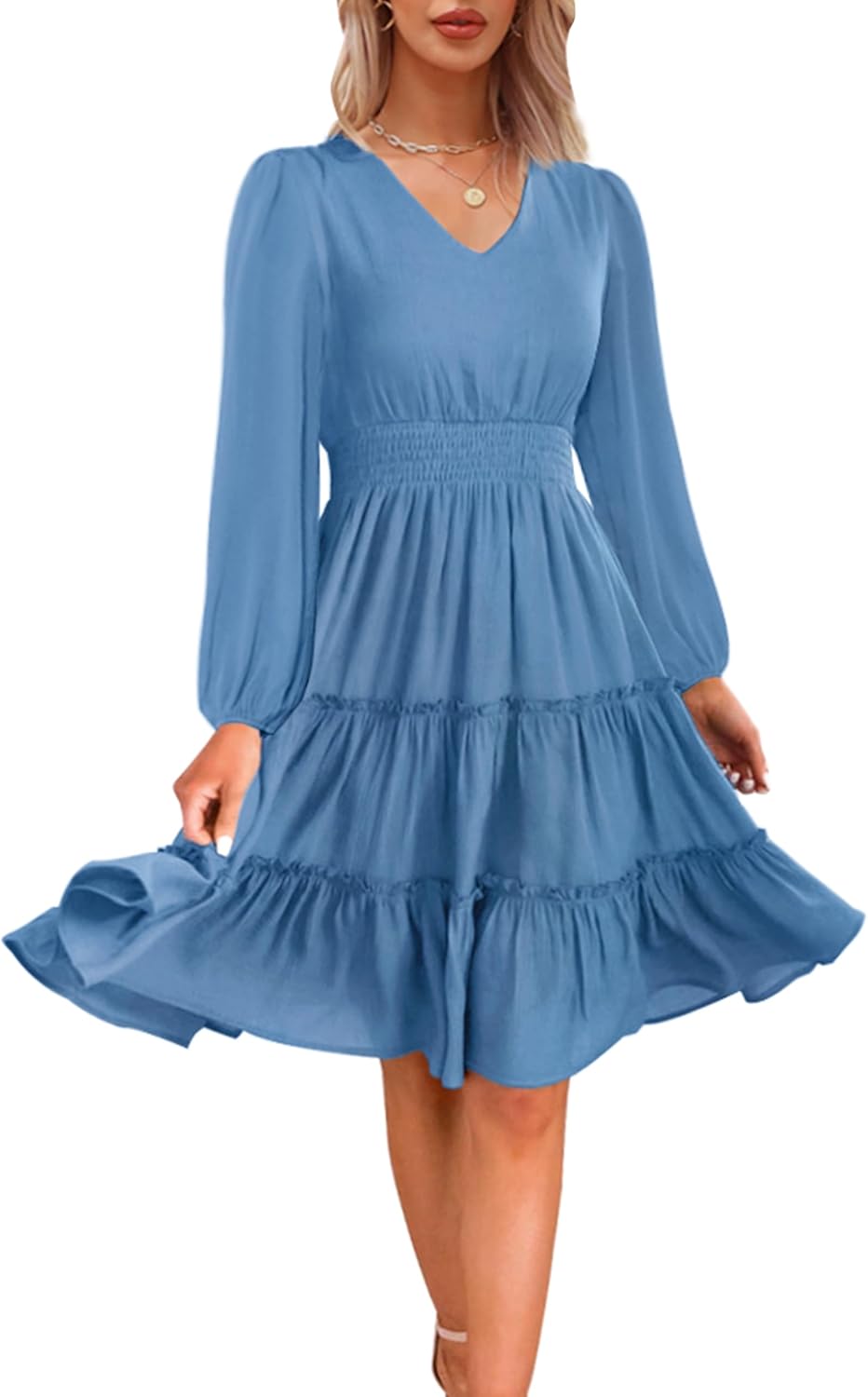 Zattcas Women 2025 Spring Summer Dress V Neck Smocked Waist