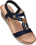 Wedge Sandals Flower Rhinestone Low Heel - Comfortable Summer Wedges