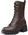 Platform Combat Boots for Women Mid Calf Lace Up - Chunky Heel Comfort