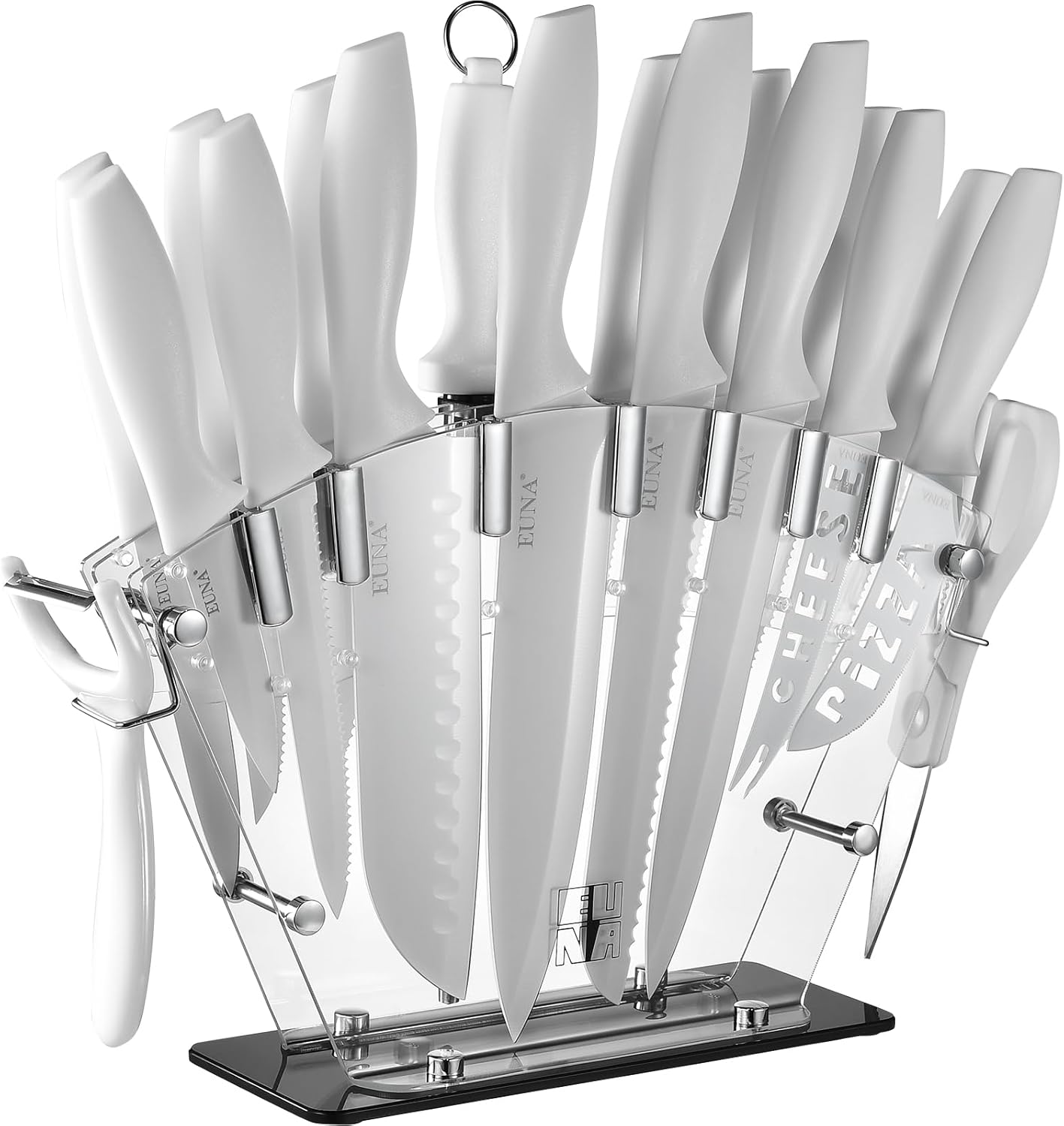 EUNA Knife Block Set: 19 PCS White Kitchen Knife Set with Sharpener