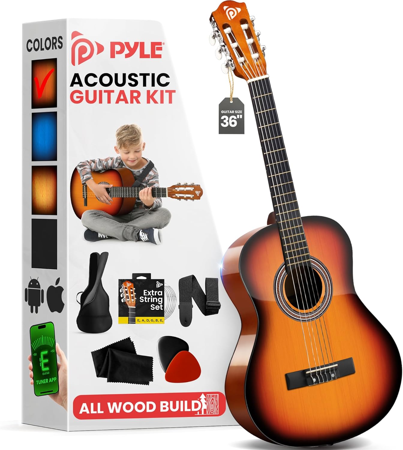 Pyle Beginner Acoustic Guitar Kit for Kids and Adults, 36 in