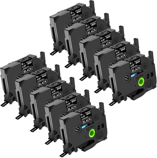 10 Pack Compatible Label Tape for Brother P-Touch 9mm Black on White