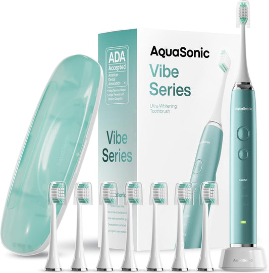 Aquasonic Vibe Series Ultra-Whitening Toothbrush with 8 Heads