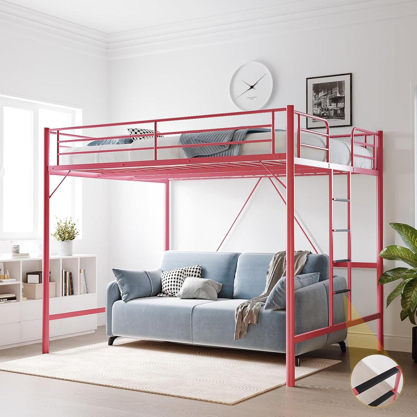 VINGLI Queen Loft Bed with Heavy Duty Metal Slat Support