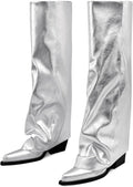 Women's Fold Over Knee High Wide Calf Boots - Chunky Heel Dress