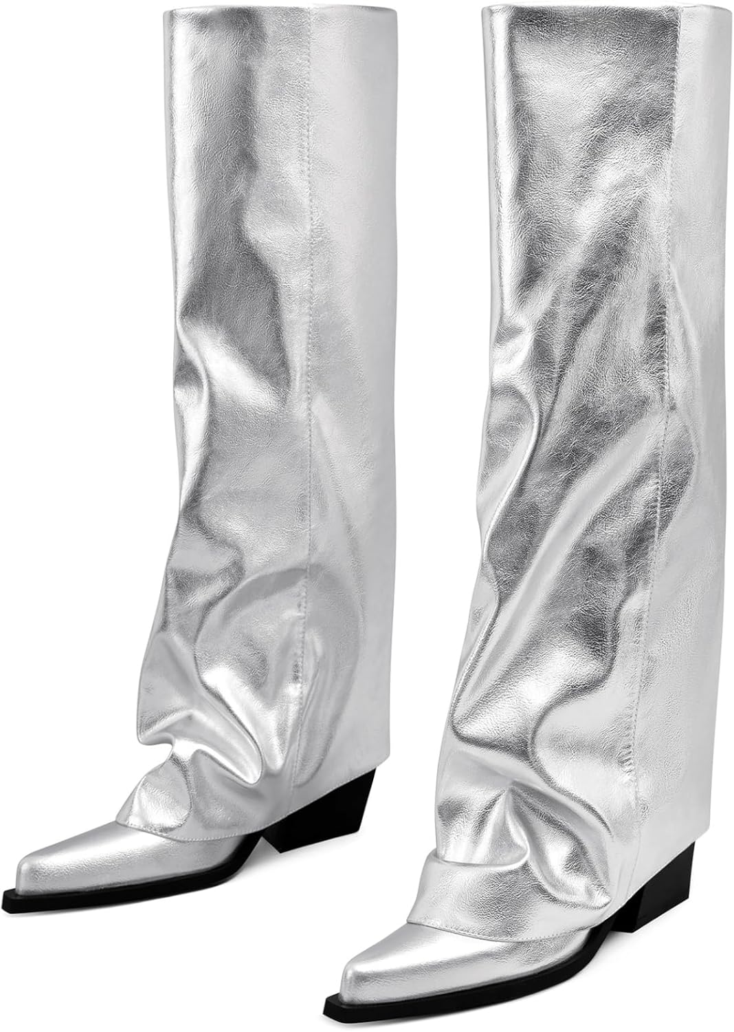 Women's Fold Over Knee High Boots for Wide Calf with Chunky Heel