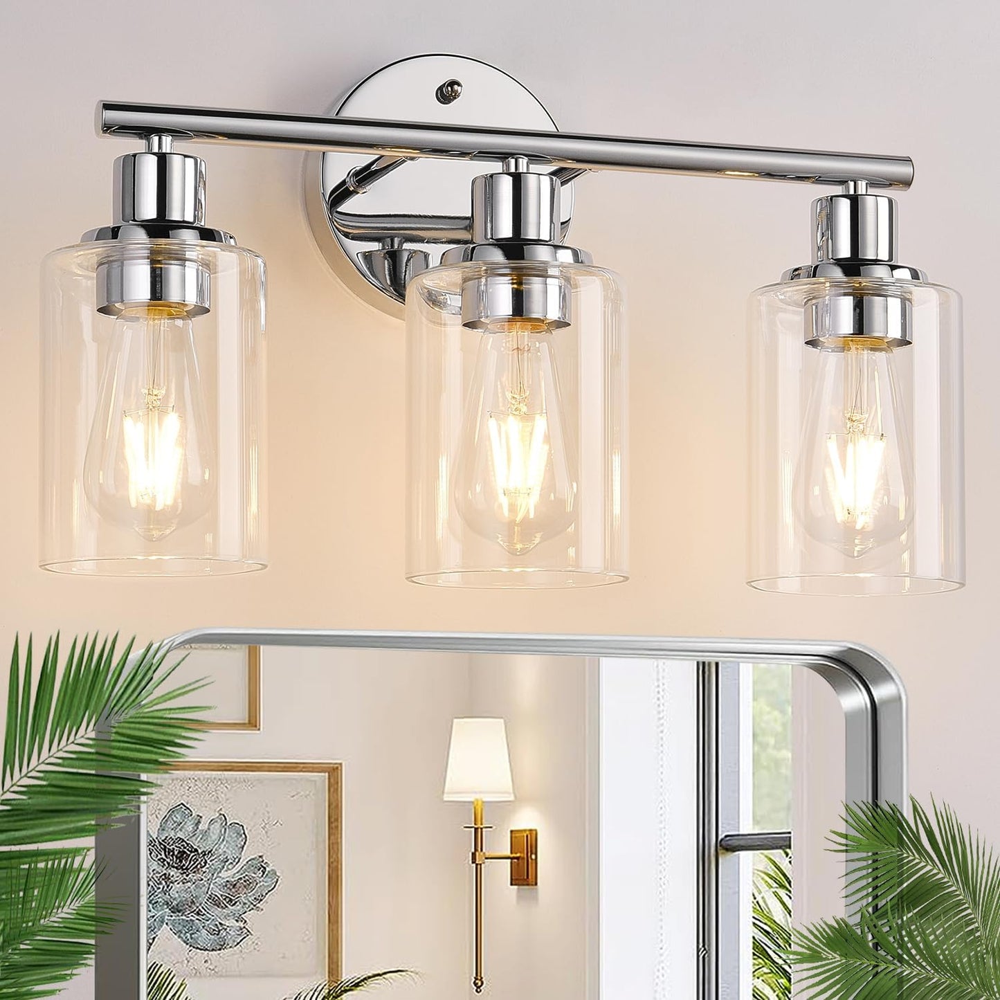 3-Light Bathroom Light Fixtures with Chrome Finish and Glass Shades