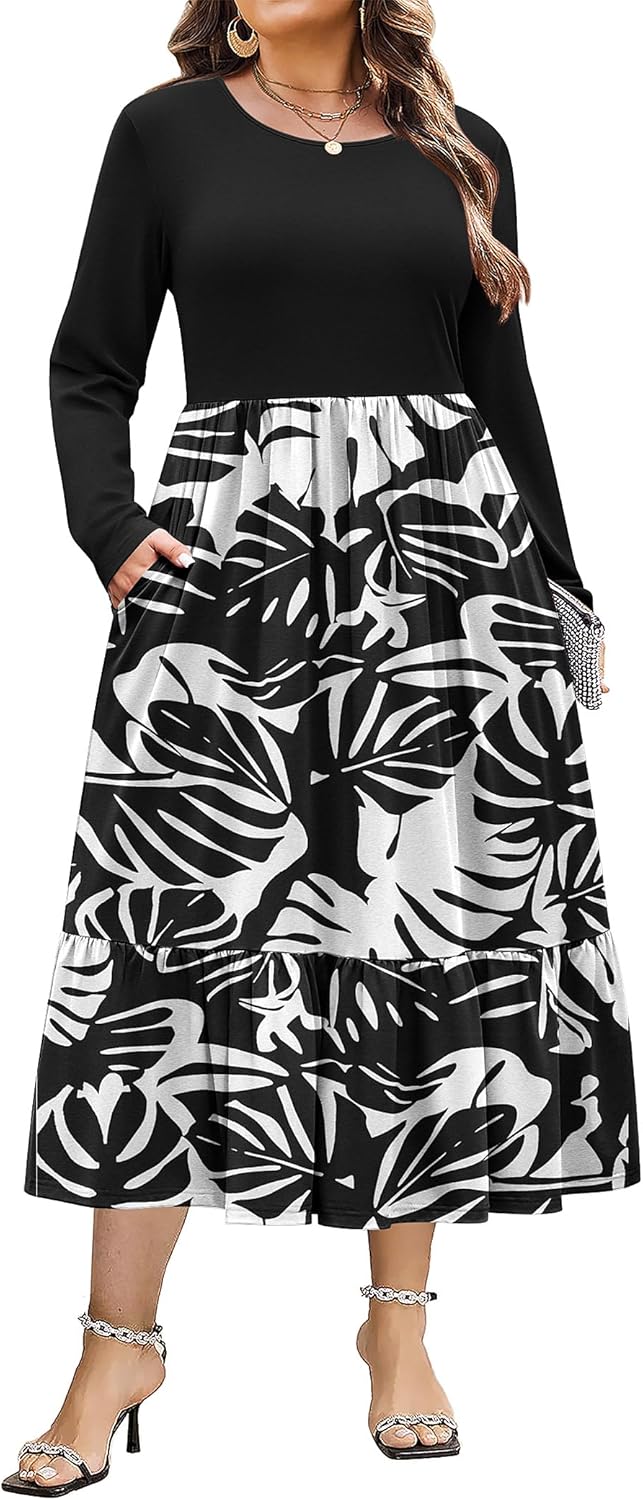Plus Size Long Sleeve Dress with Pockets for Women Casual Wear