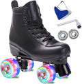 High Top Black PU Leather Double Row Roller Skates - Classic Quad