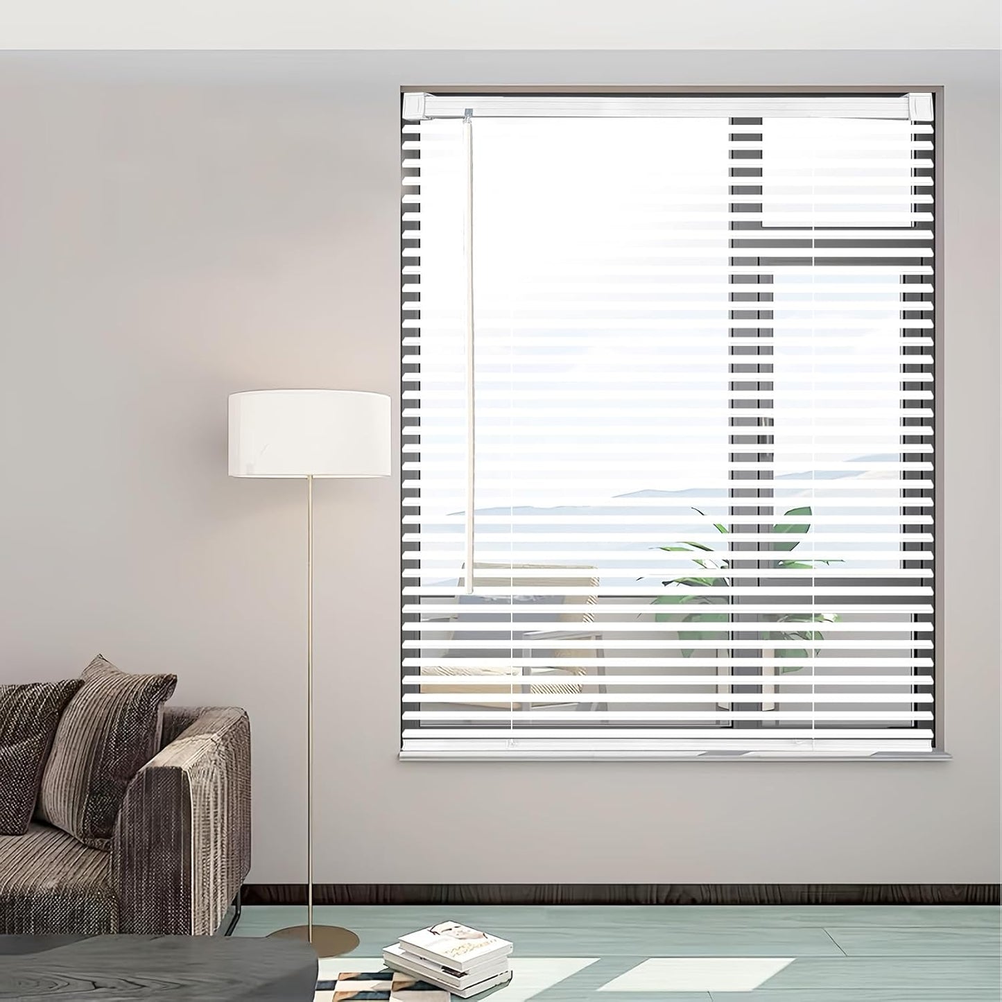 Cordless Vinyl Mini L Blinds 44in W x 64in H for Light Filtering