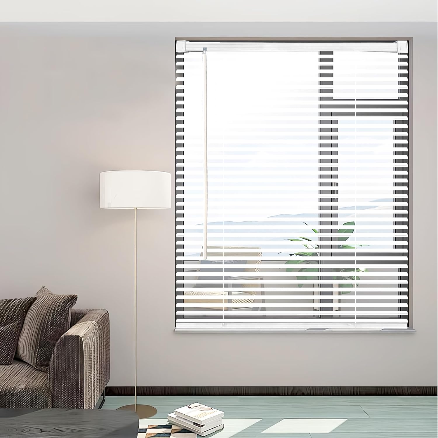 Cordless Vinyl Mini L Blinds 44in W x 64in H for Light Filtering