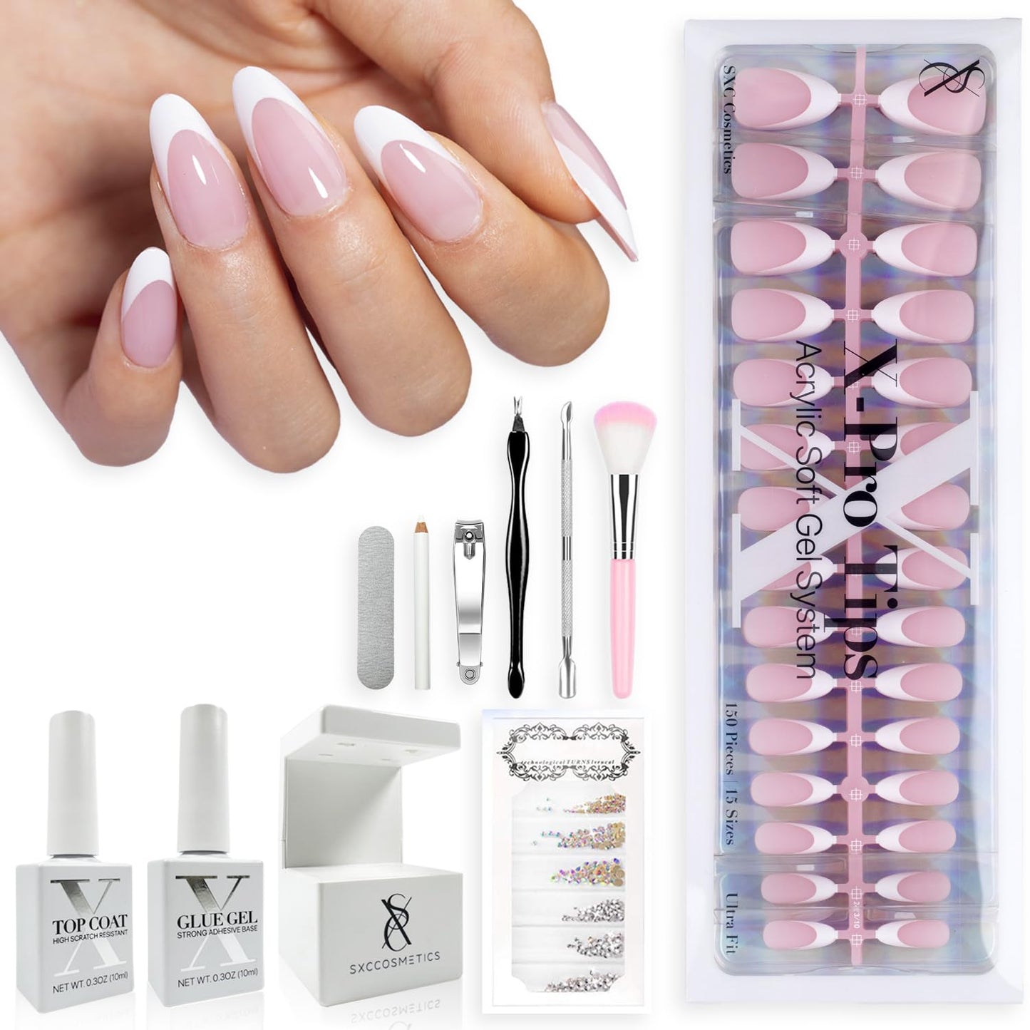 SXC Cosmetics French Tip Press On Nails Pink Series Starter Kit