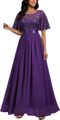 Women's Sequin Lace Butterfly Sleeve Evening Maxi Dress - Formal Fit
