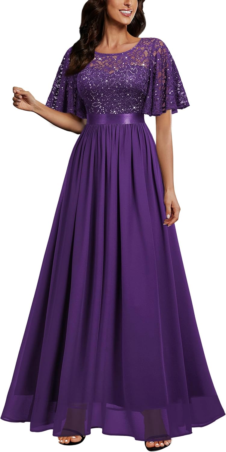 Miusol Women's Elegant Sequin Lace Butterfly Sleeve Maxi Dress