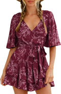 Women's Summer Romper Floral V Neck Short Sleeve - Casual Tie Waist