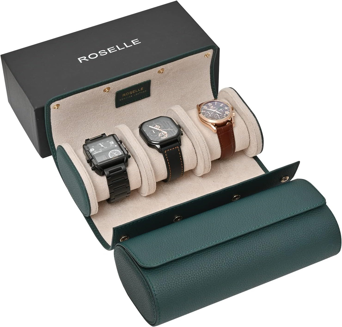 ROSELLE Genuine Leather Watch Roll Travel Case for 3 Watches