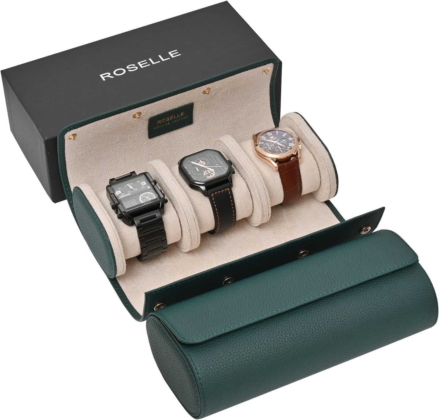ROSELLE Genuine Leather Watch Roll Travel Case for 3 Watches