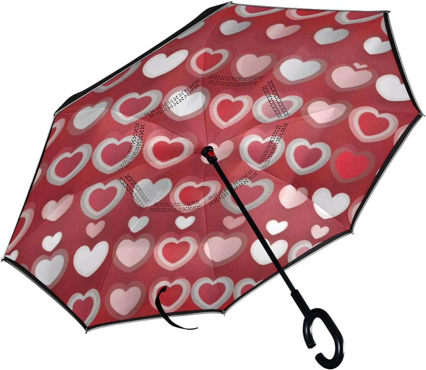 Red Hearts Oversize Inverted Umbrella - Romantic & Windproof