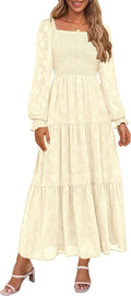 Floral Long Sleeve Smocked Midi Dress for Women - Boho Fall Wedding