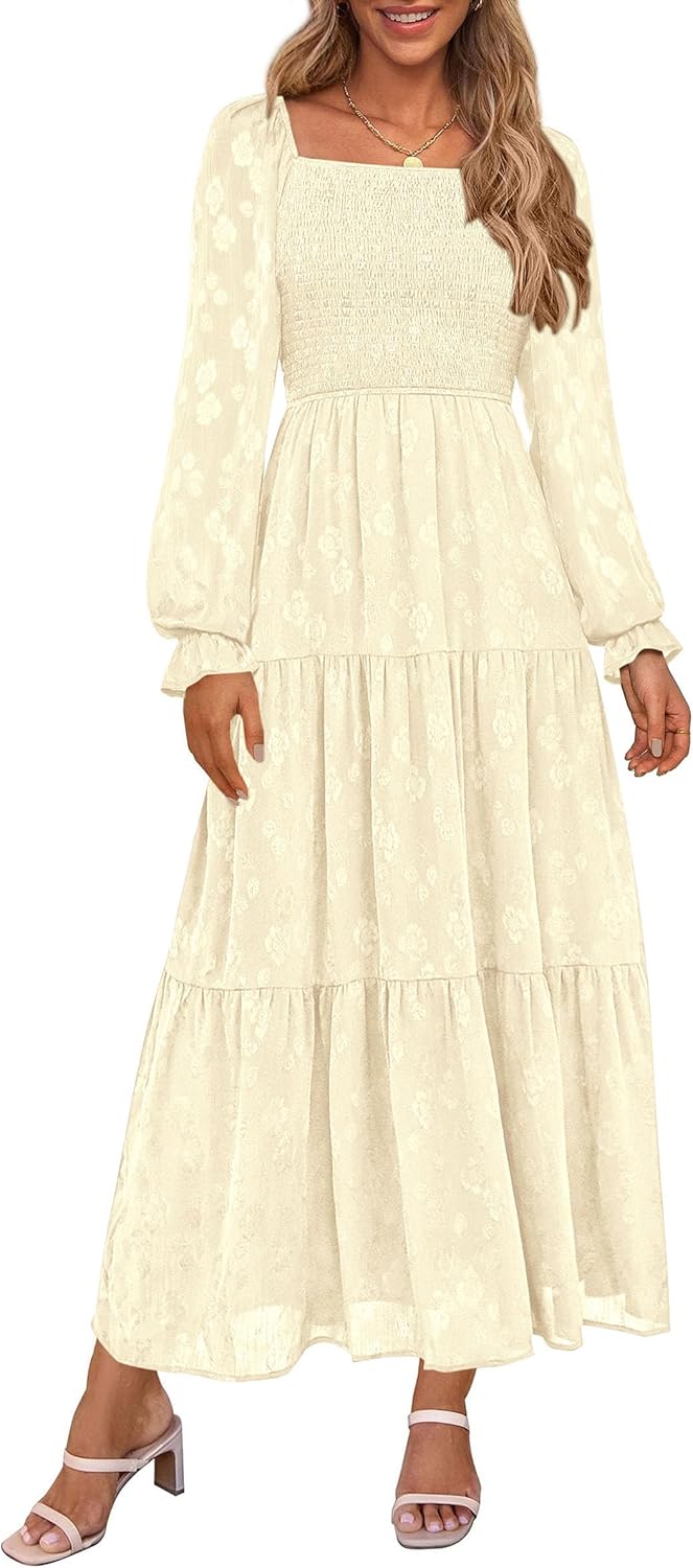 PRETTYGARDEN Floral Long Sleeve Smocked Tiered Dress for Women