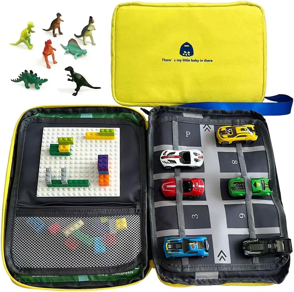 Portable Kids Play Case with Toy Cars and Dinosaur Design