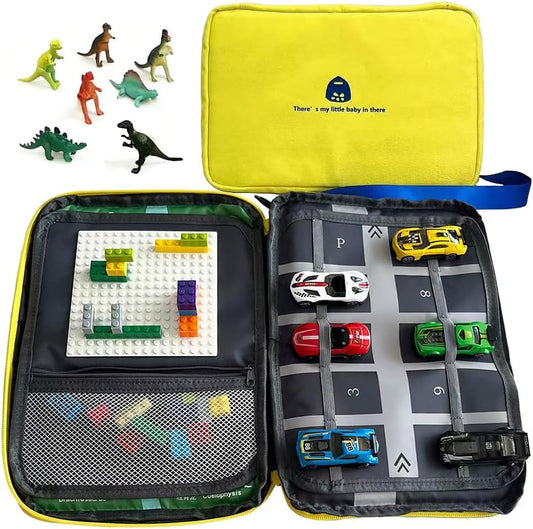 Portable Kids Play Case with Toy Cars and Dinosaur Design