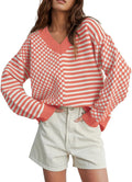 UNCLECAT Women's Striped Checkered V Neck Sweater - Cozy Fall