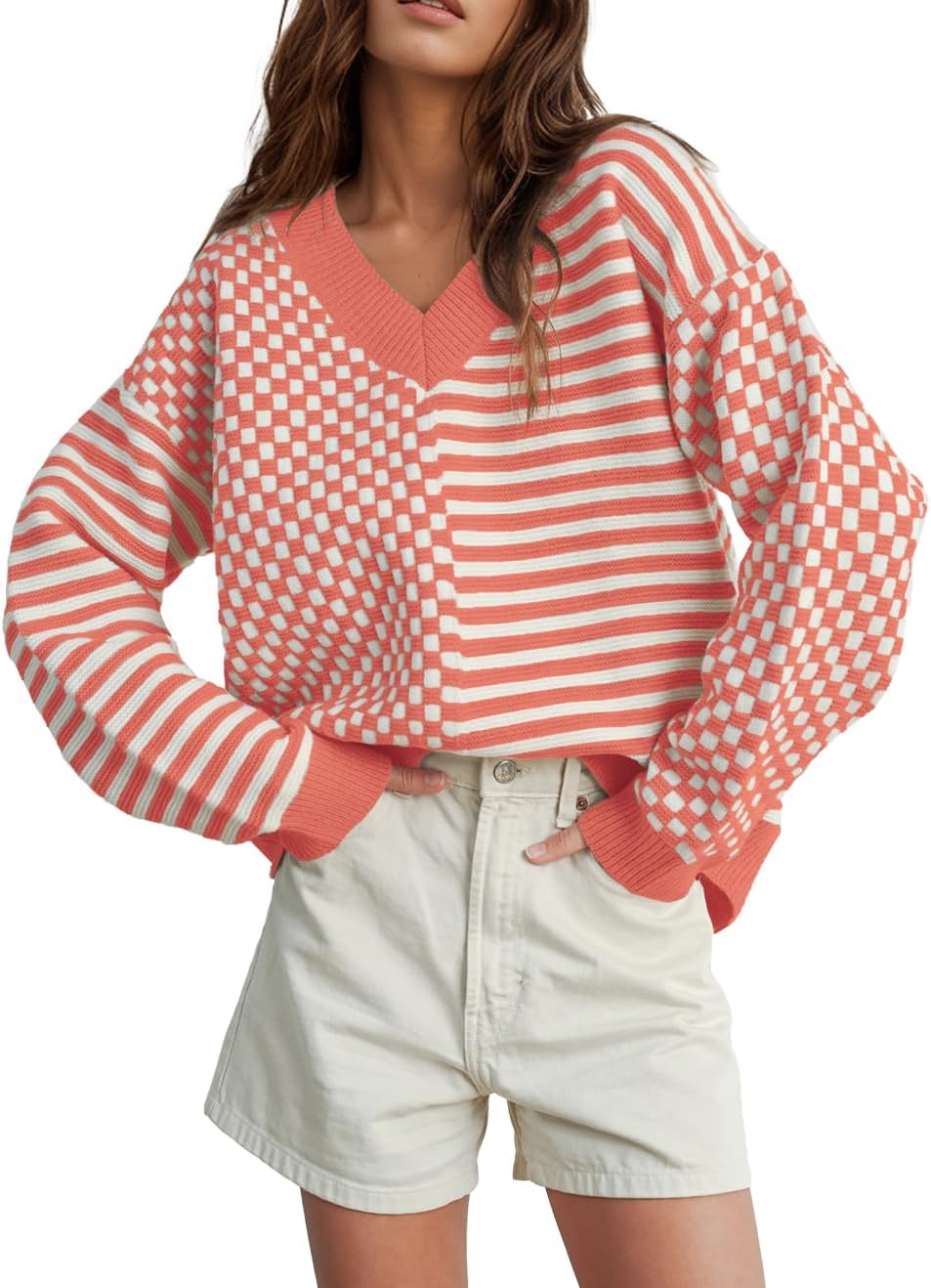 UNCLECAT Women's Striped Checkered Sweater for Trendy Style