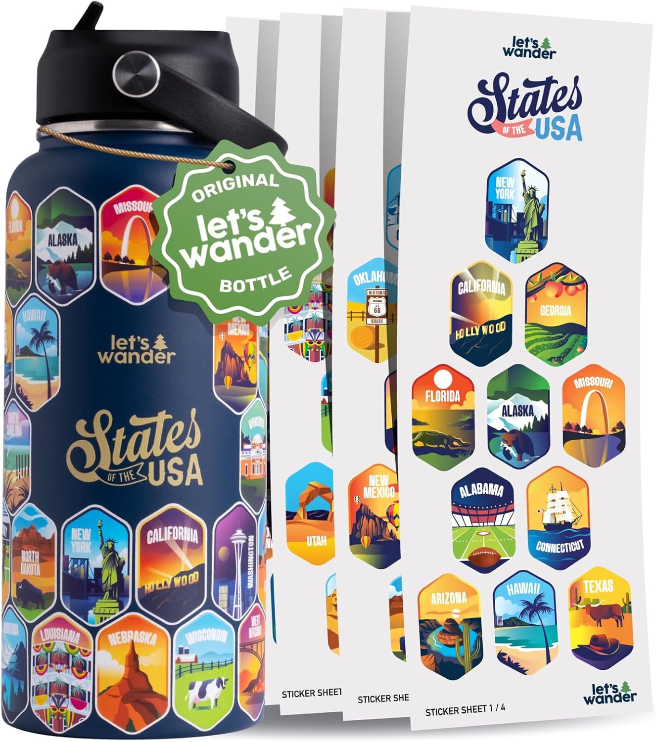 50 States Water Bottle with Waterproof Stickers - 32oz Insulated