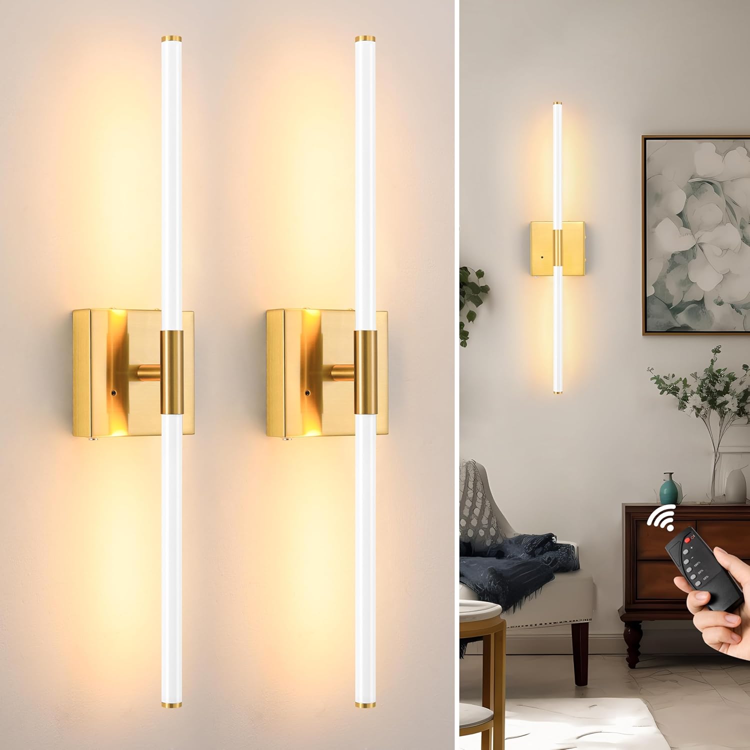 Modern Battery Operated Wall Sconces Set of 2 for Home Decor