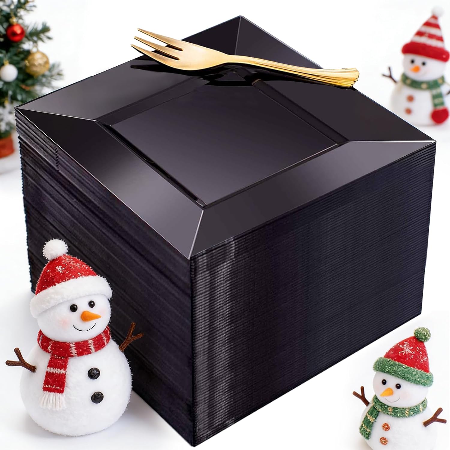 Black Square Plastic Dessert Plates with Gold Forks for Parties