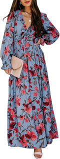 BLENCOT Womens Casual Boho Deep V Neck Long Dress (Style NDQC)