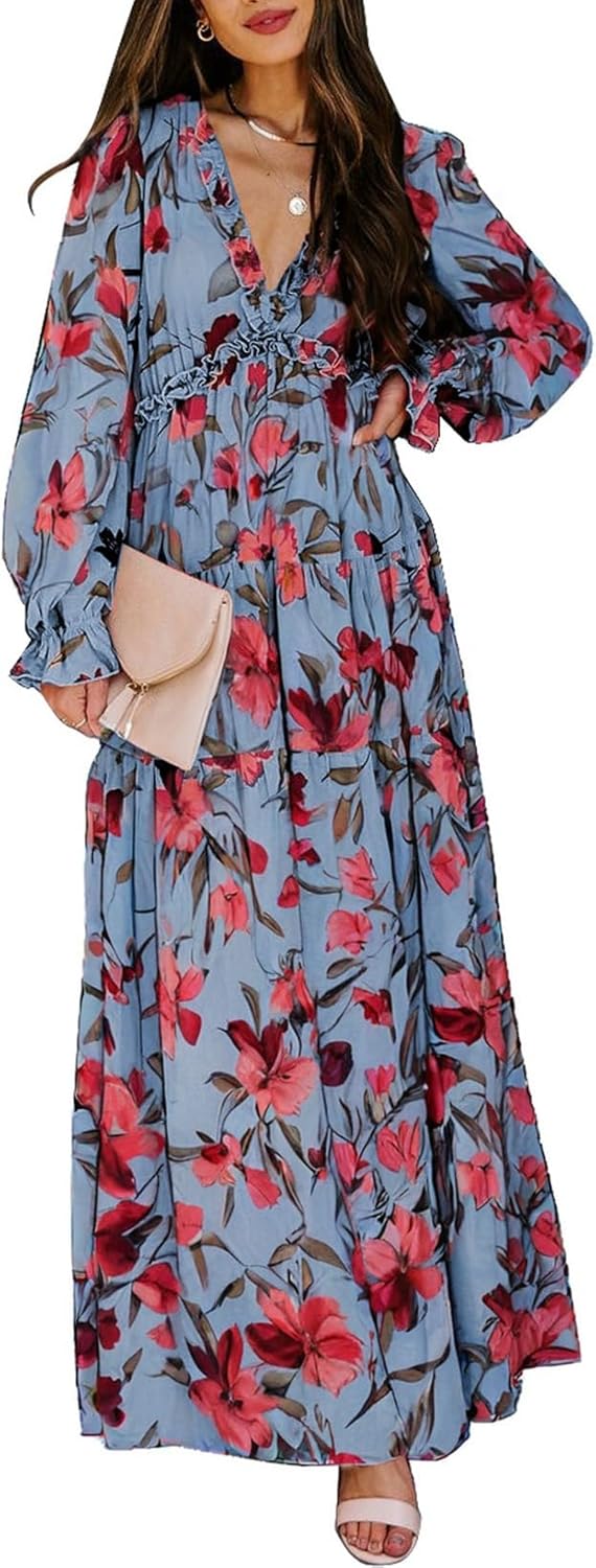 BLENCOT Womens Casual Boho Deep V Neck Short Sleeve Dress