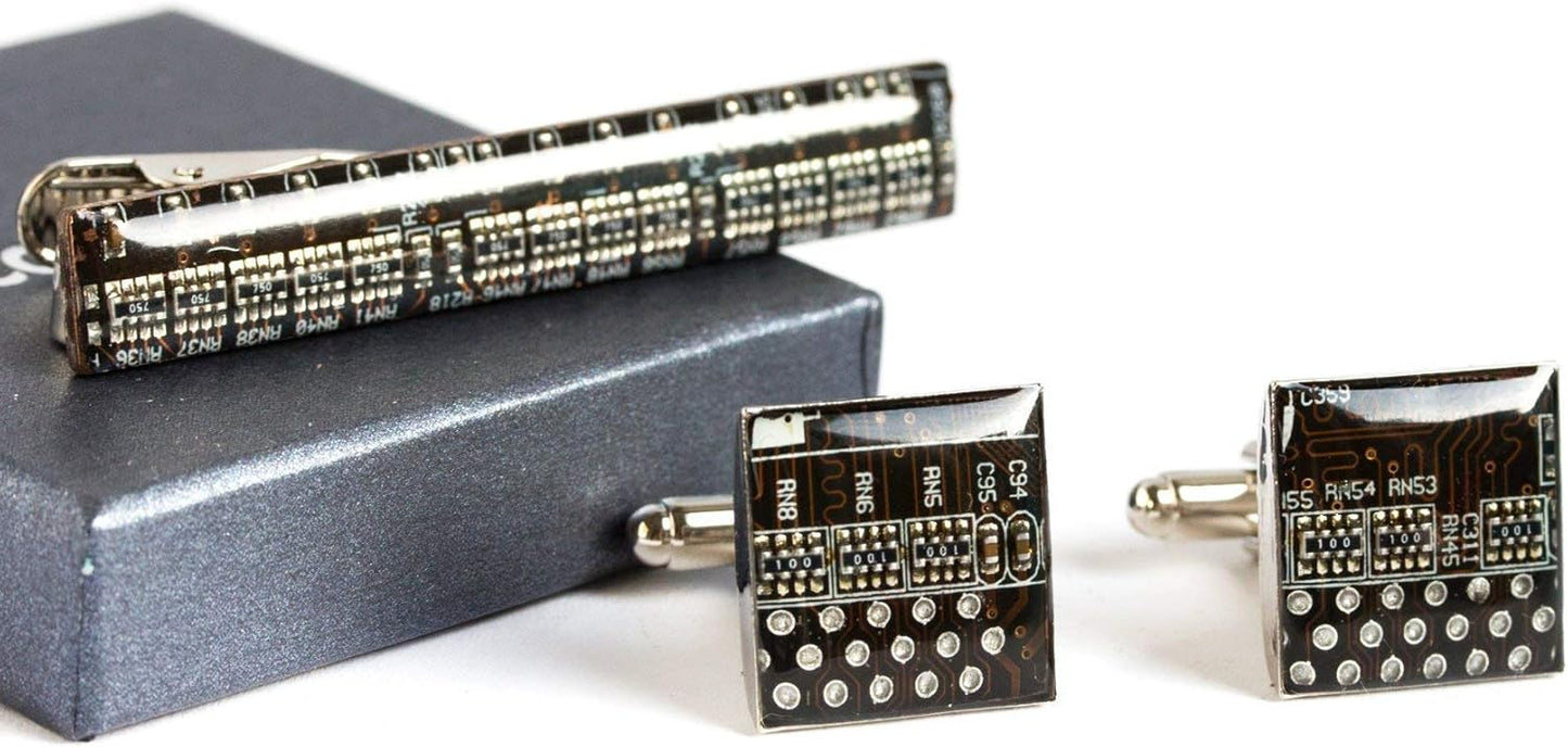 Cufflinks and Tie Clip Set for Men - Recycled Circuit Board Jewelry