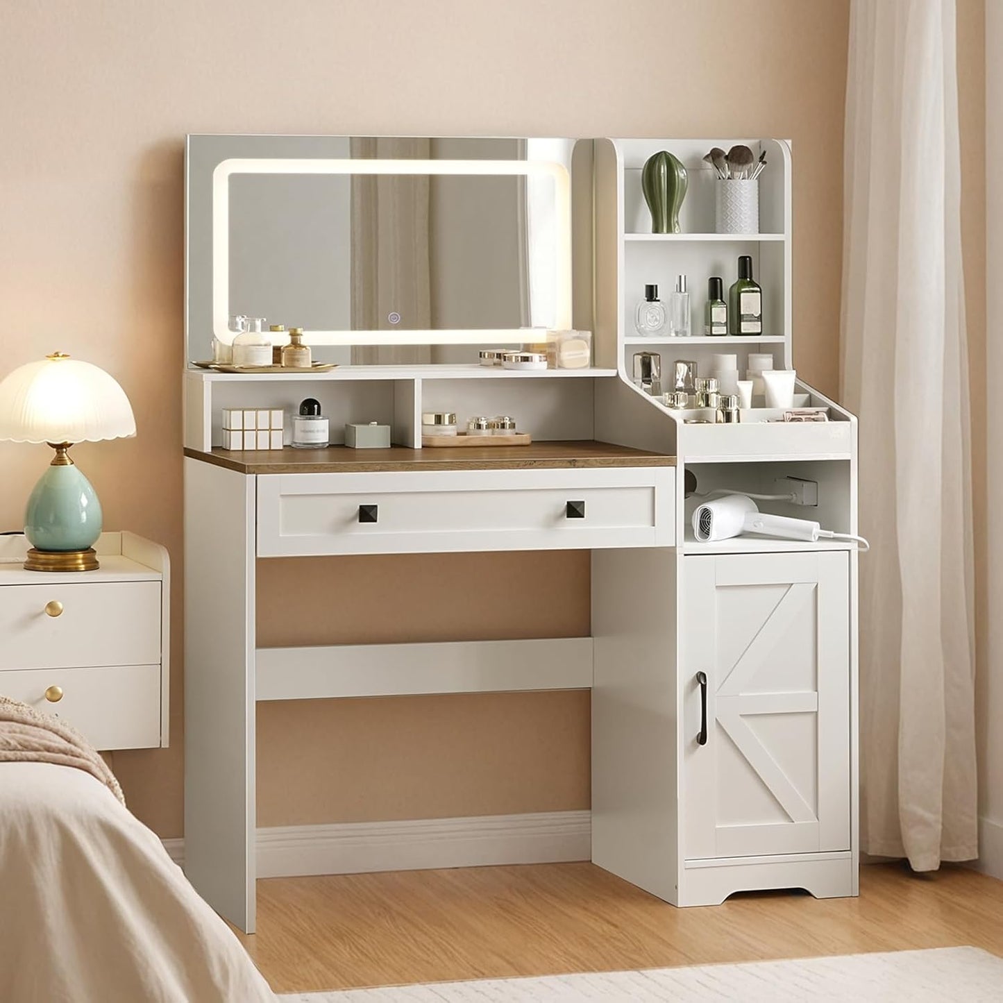 Farmhouse Vanity Desk with Lights & Charging Station