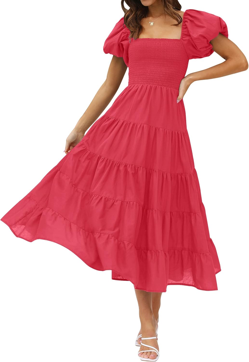 ZESICA Women's Summer Square Neck Puff Sleeve Midi Dress