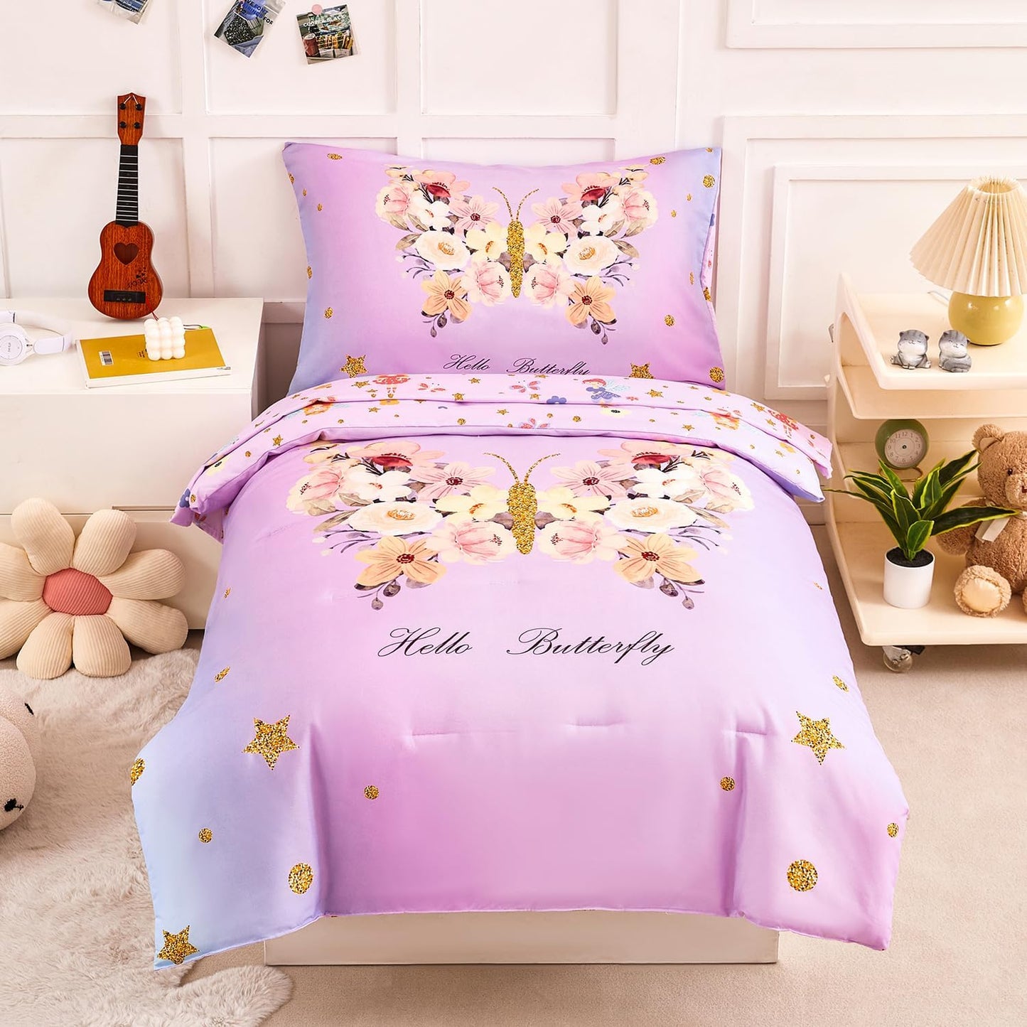 PERFEMET Pink Toddler Bedding Set for Girls with Butterflies