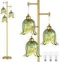 Gold Floor Lamp with Green Glass Shade for Living Room Decor