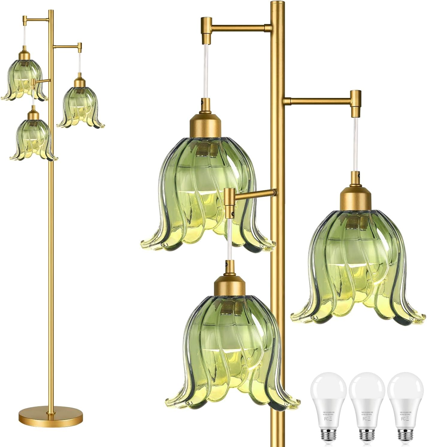 Gold Floor Lamp with Green Glass Shade for Living Room Decor