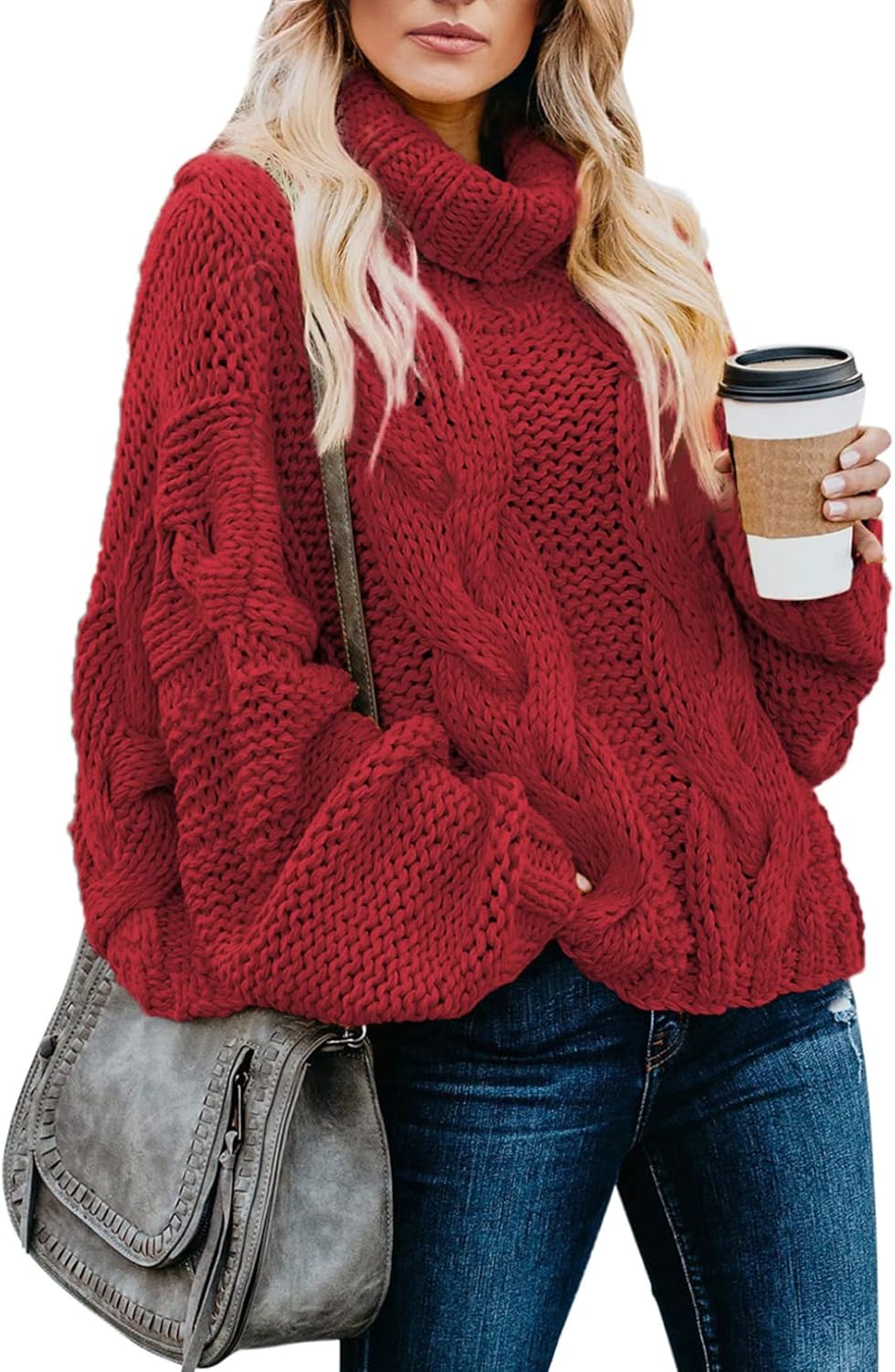 Dokotoo Womens Turtleneck Chunky Cable Knit Sweater Pullover