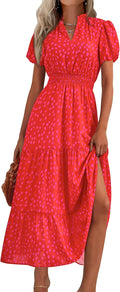 Summer Maxi Dresses for Women Boho V Neck Puff Sleeve Smocked Maxi