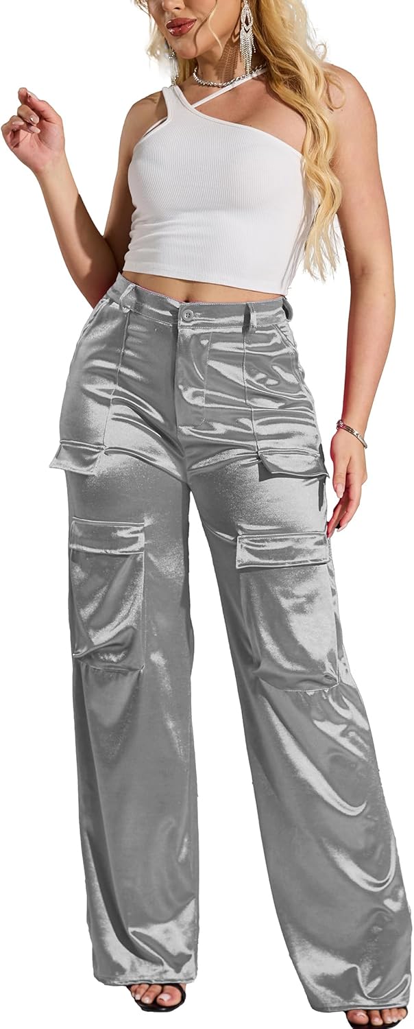 Womens High Waisted Satin Cargo Pants for Trendy Outfits