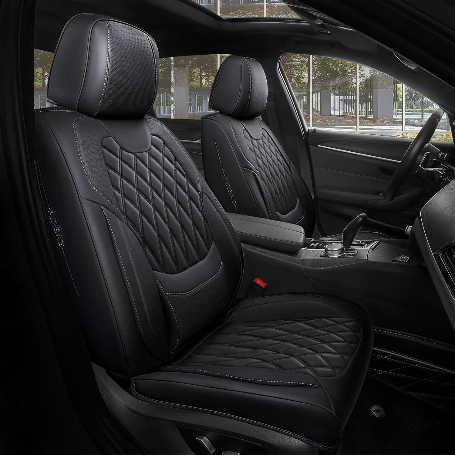 FREESOO Black Car Seat Covers Full Set - Luxury Faux Leather