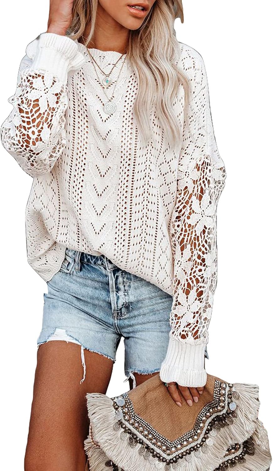 Dokotoo Womens Crochet Lace Long Sleeve Sweater for Fashion