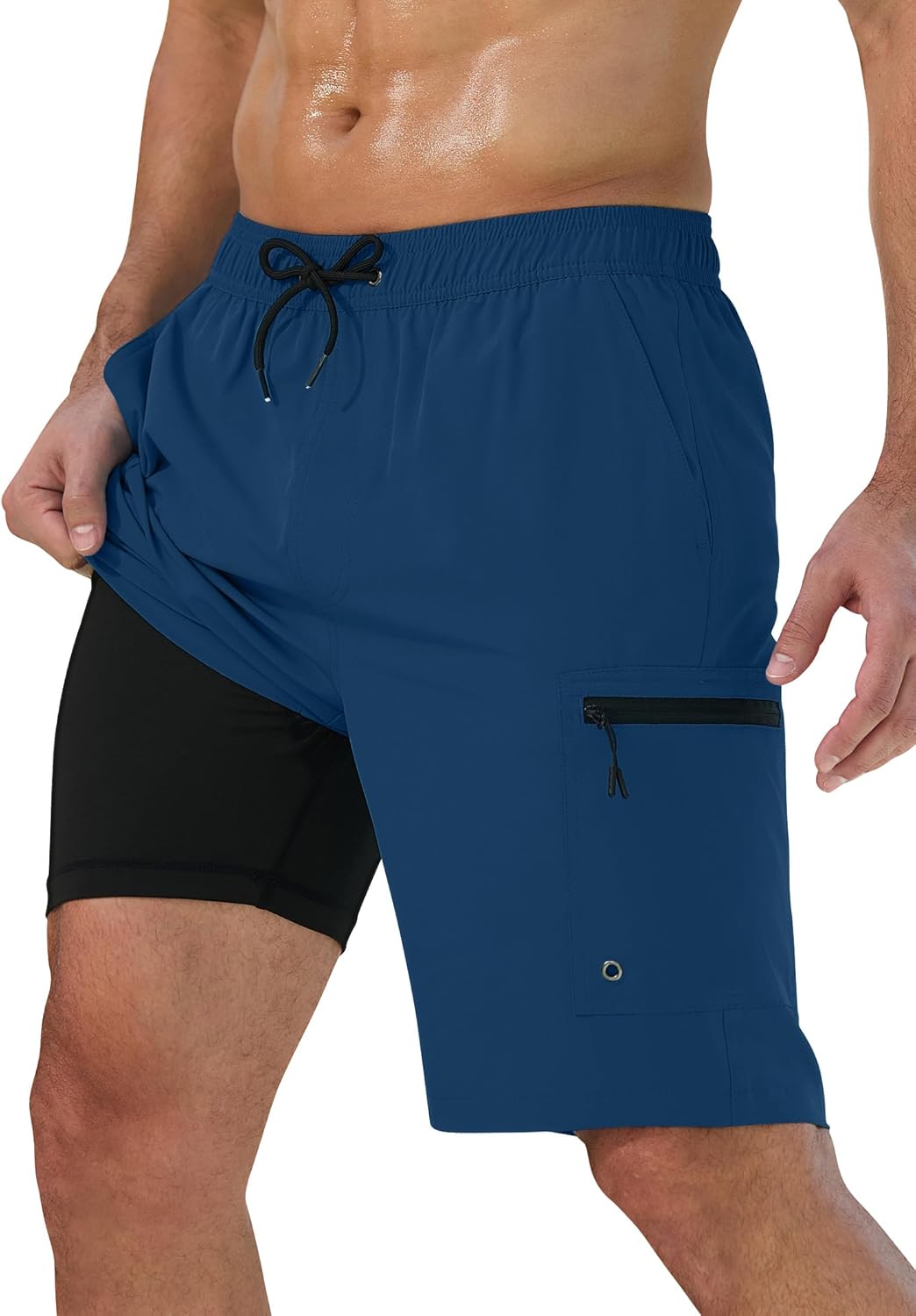 Mens Swim Trunks with Compression Liner and Cargo Pockets