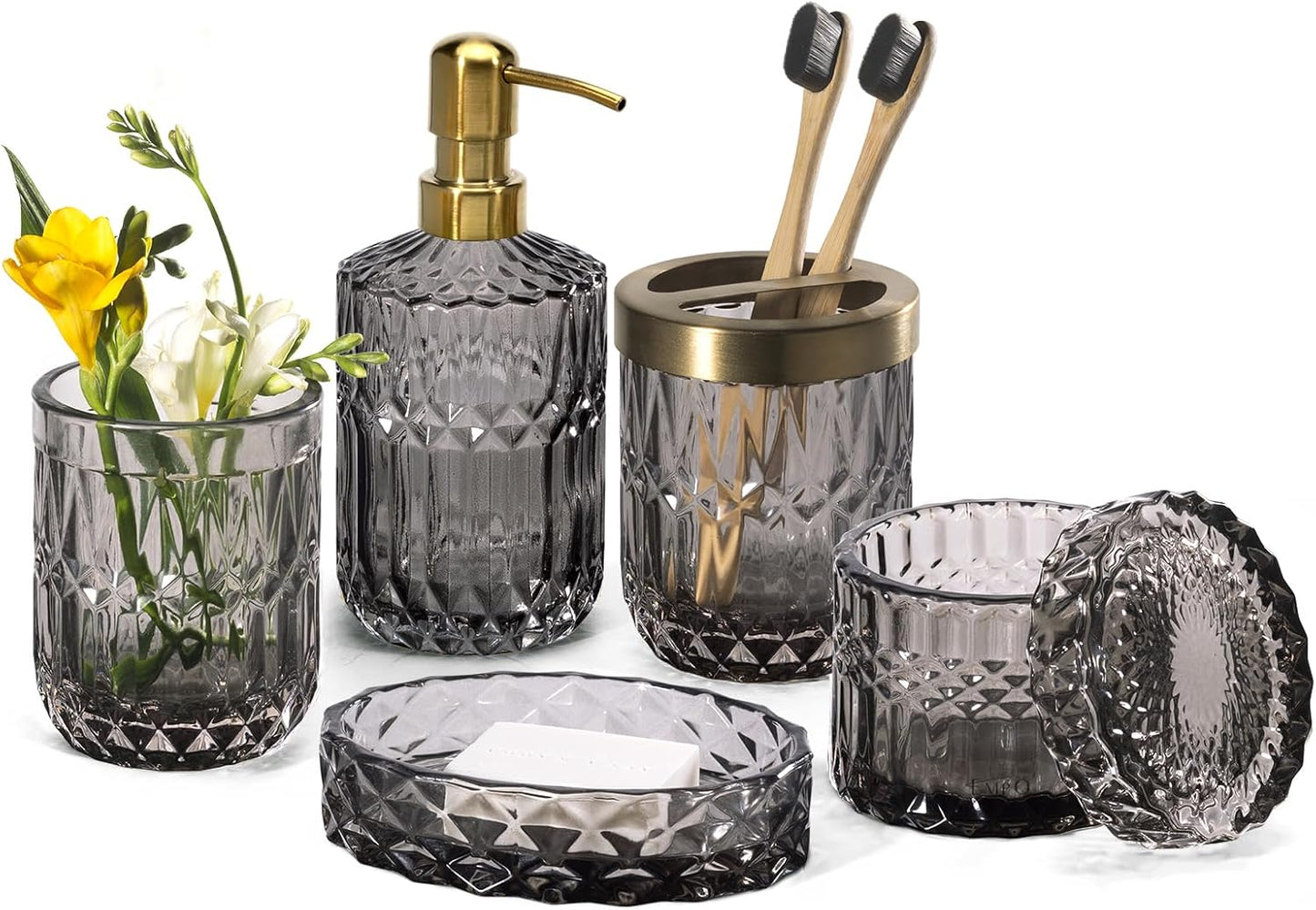 EMPO 6PCS Bathroom Clear Glass Accessories Set for Modern Decor