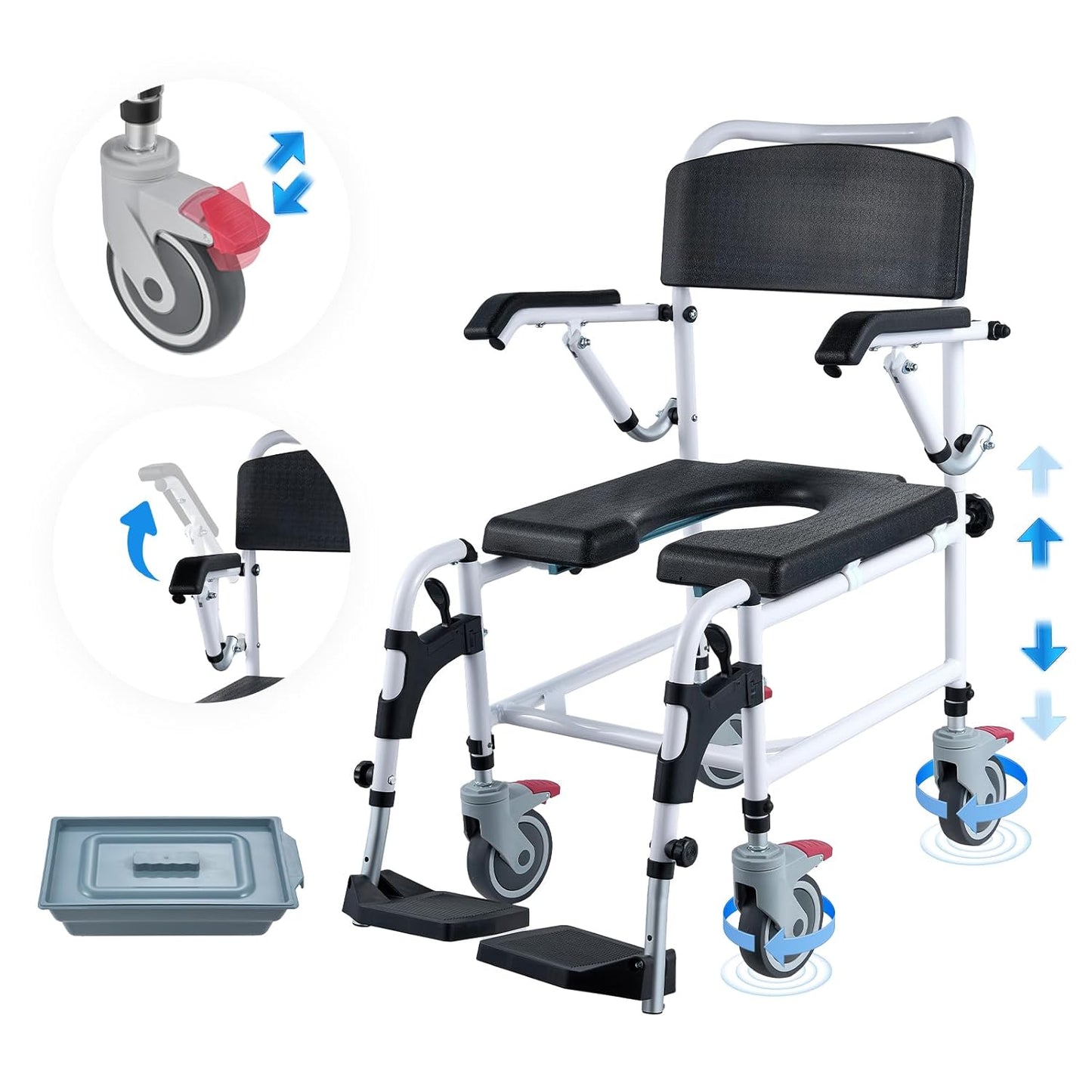 VEVOR Shower Commode Wheelchair: 4 Wheels, Adjustable Height, 350 LBS Capacity