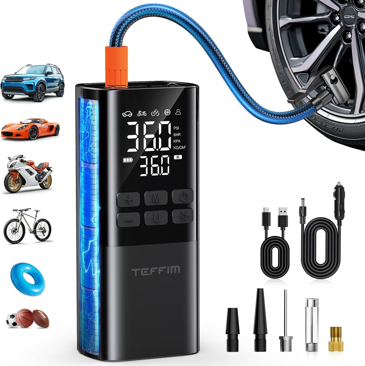 Portable Tire Inflator Pump - 150PSI Power & LED Light - Teffim